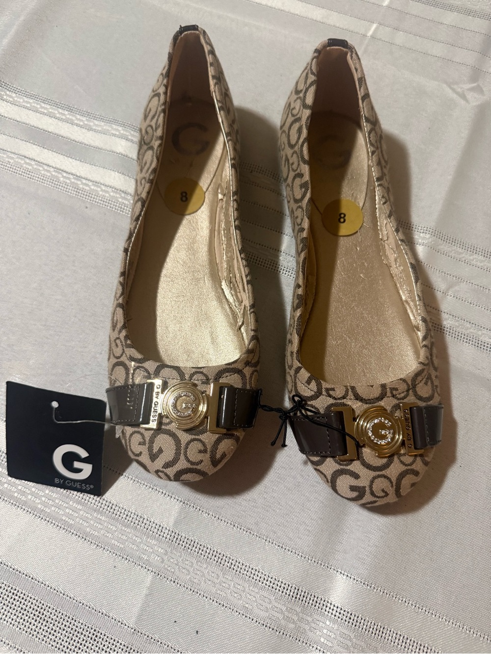 Guess Beige Monogram Ballet Flats with Gold Accent